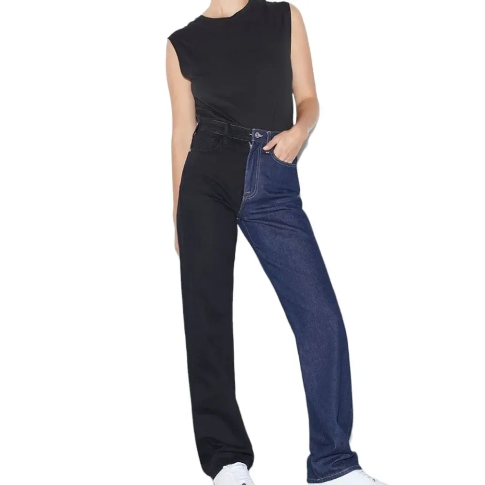 FRAME NWT Le Jane Dell Noir Half Black & Half Blue Straight Leg Jeans Size 25